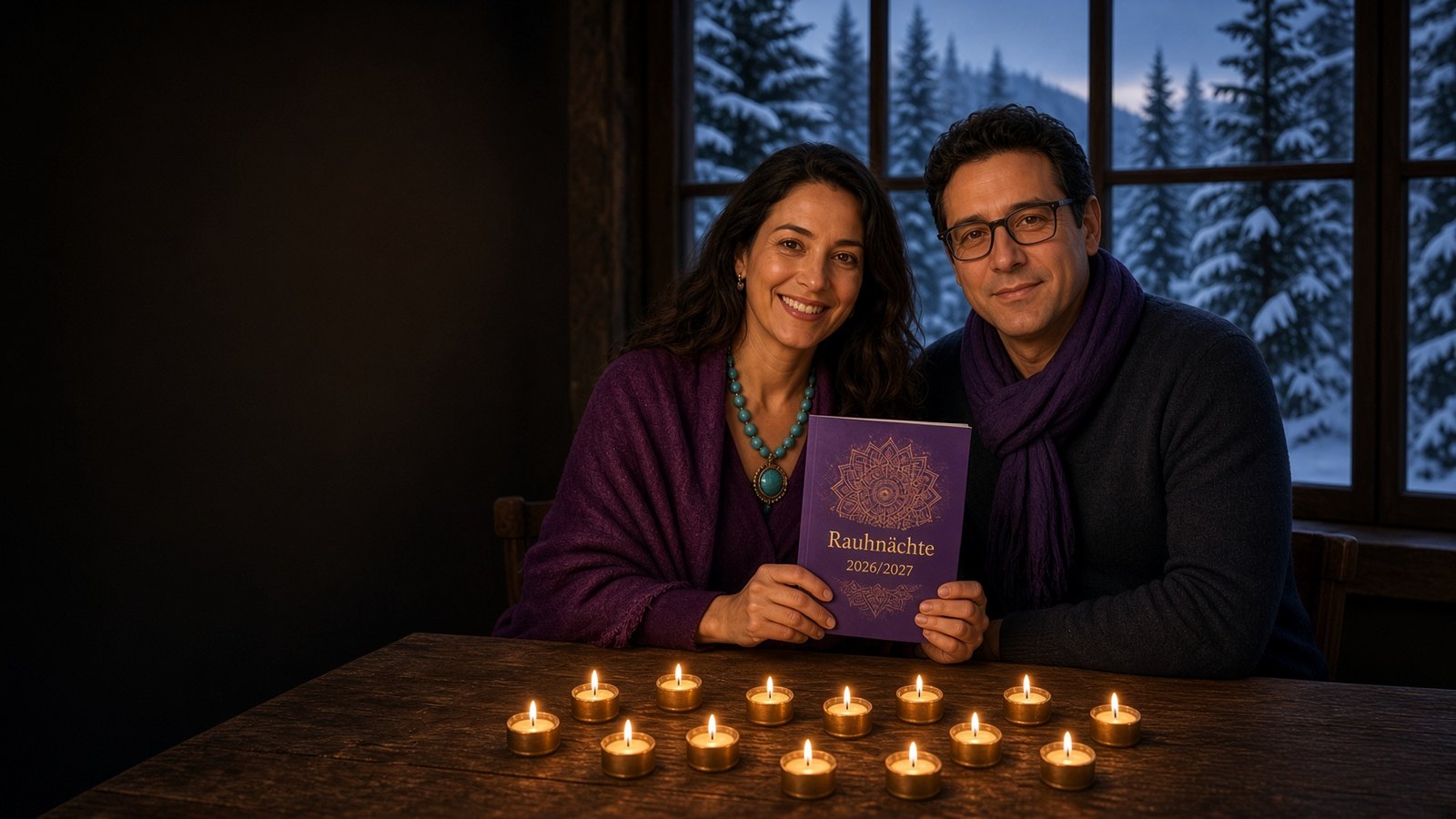 Carmen und Gerardo Laempe am Holztisch mit dem violetten Begleiter „Rauhnächte 2026/2027“, davor zwölf Kerzen, draußen verschneiter Tannenwald