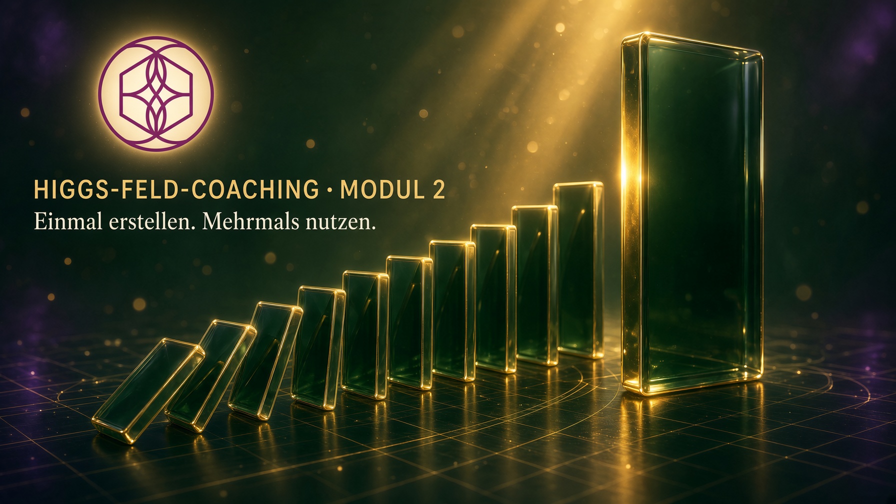 Higgs-Feld-Coaching Modul 2: Einmal erstellen. Mehrmals nutzen. – eine Reihe wachsender Dominosteine aus Glas