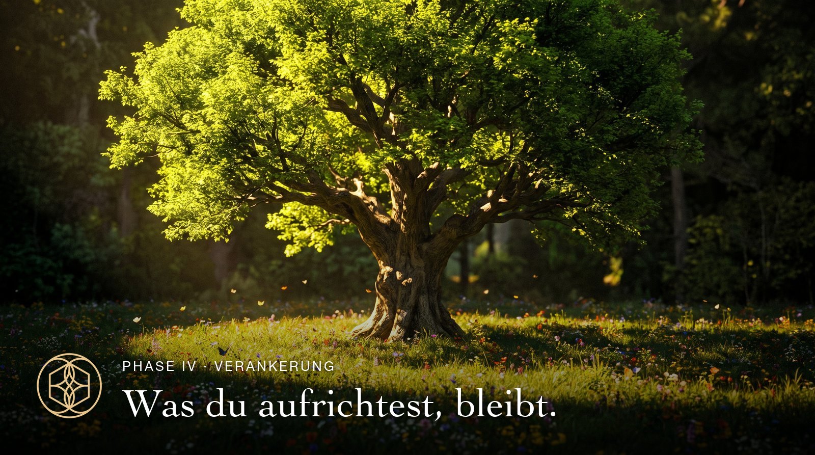 Phase IV, Verankerung: Ein großer Baum mit leuchtender Krone auf der Blumenwiese. Was du aufrichtest, bleibt.