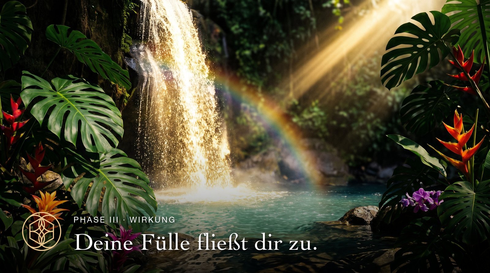 Phase III, Wirkung: Ein Wasserfall im grünen Urwald mit Regenbogen. Deine Fülle fließt dir zu.