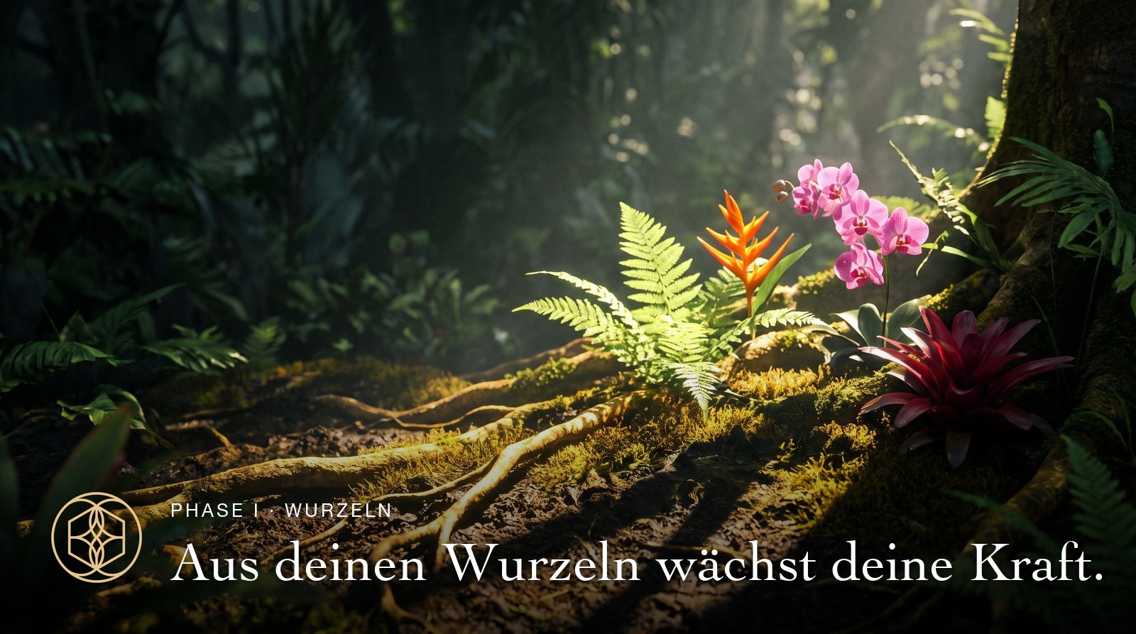 Phase I, Wurzeln: Leuchtende Wurzeln unter einem blühenden Waldboden. Aus deinen Wurzeln wächst deine Kraft.